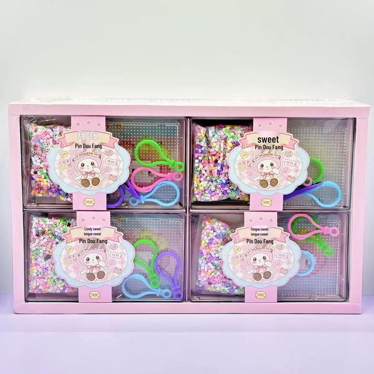 Creative Three-Layer Storage Box DIY Perler Beads Set for Students with Keychain Pendant Material Pack