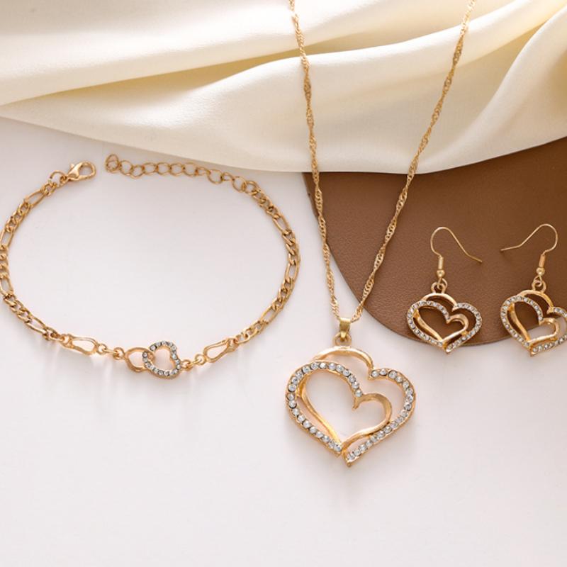 Exquisite Double Heart Necklace Earrings Bracelet Jewelry Set Charm Ladies Jewelry Fashion Bridal Accessory Set Romantic Gifts