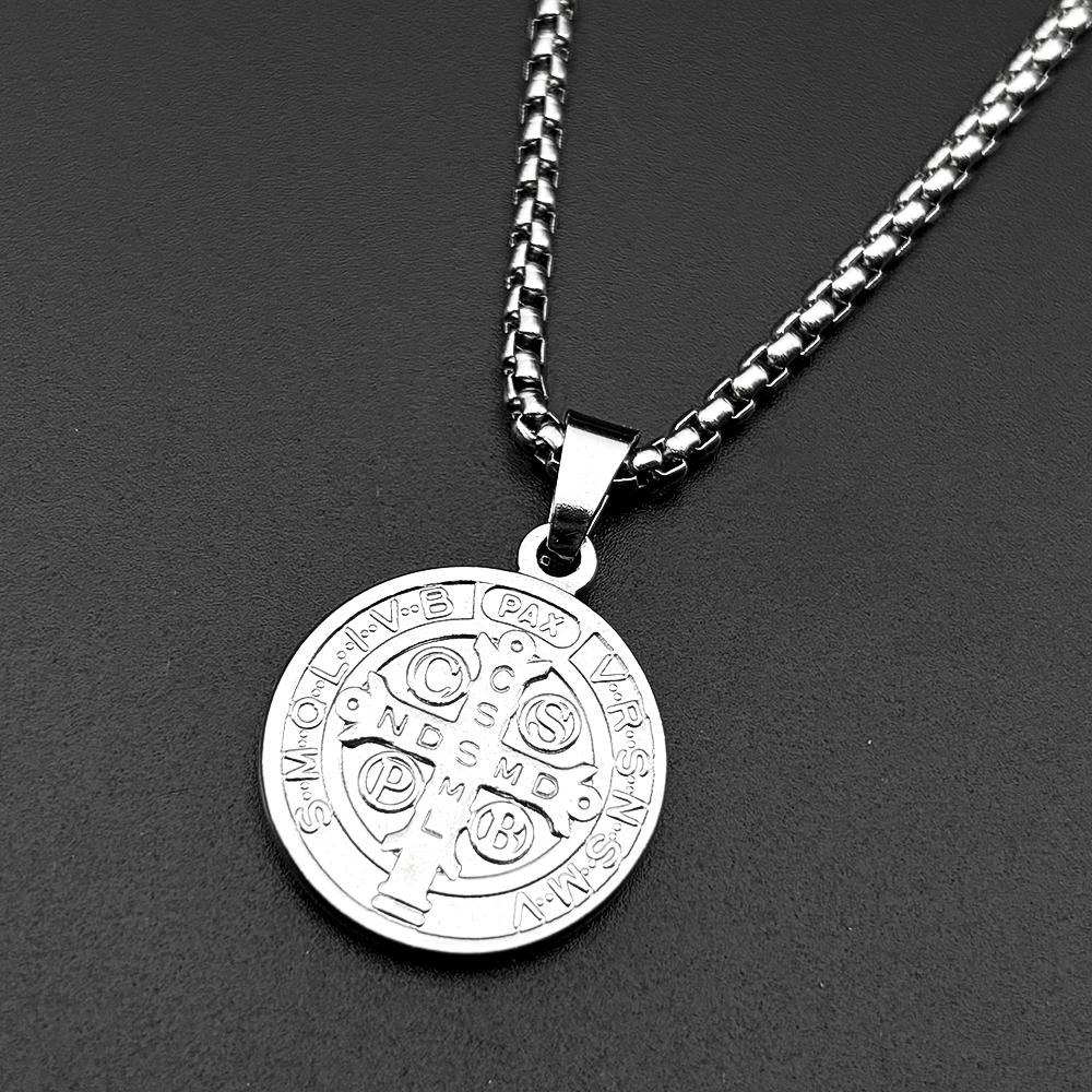 Catholic Saint Benedict Medal Stainless Steel Pendant Necklace for Women Men Gold Color San Benito Chain Necklace Amulet Jewelry