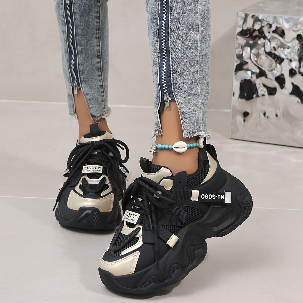 [Colorblock Mesh Women's Sneakers] Women's Colorblock Mesh Sneakers, Lace Up Soft Sole Platform Casual Heightening Shoes, Low-top Breathable