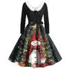 Christmas Print Flare Dress For Women Long Sleeve Dress Hollow Party Casual Dresses