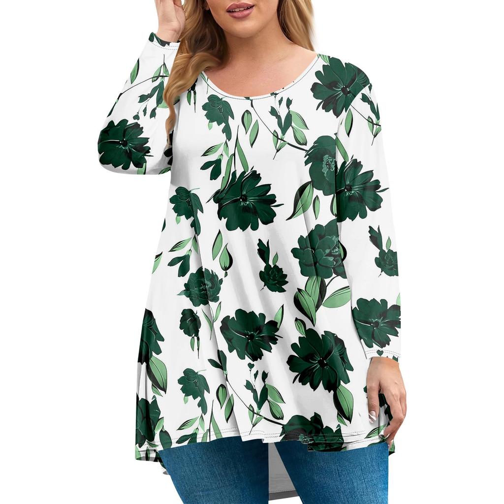 Dames pluss størrelse topp, hageskrage langermet skjorte, moteriktig blomsterprint avslappet topp