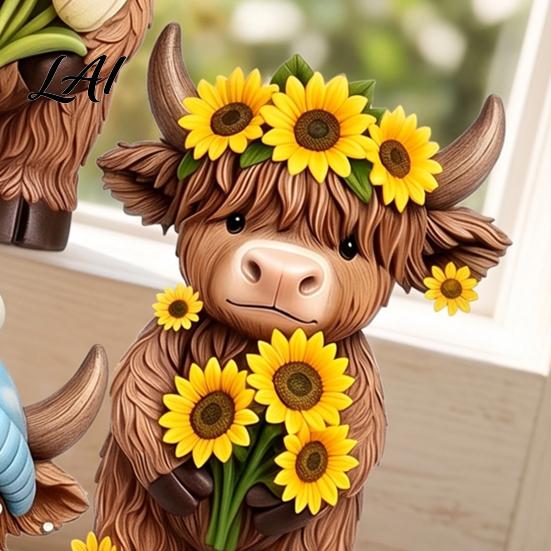 Hand Painted Highland Cattle 4 Pcs Seasonal Cow Figurines Spring Summer Fall Winter Rustic Shelf Accent Seasons Scottish Statue Resin Table