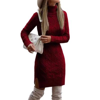 Fall Winter Sweater Dress High Collar Neck Protection Slim Fit Slit Hem
