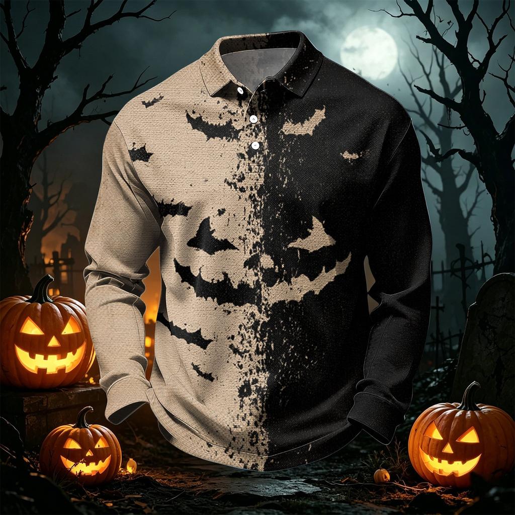 Men's Quick Dry Mesh Long Sleeve Golf Shirt with Halloween Print for Casual Wear