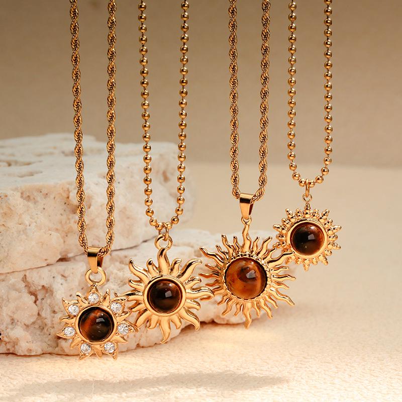 Retro Sunflower Tiger's Eye Choker: Stainless Steel Eight-Pointed Star Necklace