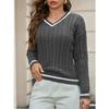 Elegant V-neck Pull-over with White Trim, Long-sleeved Women’s Jumper – Cable-knit, Versatile Top