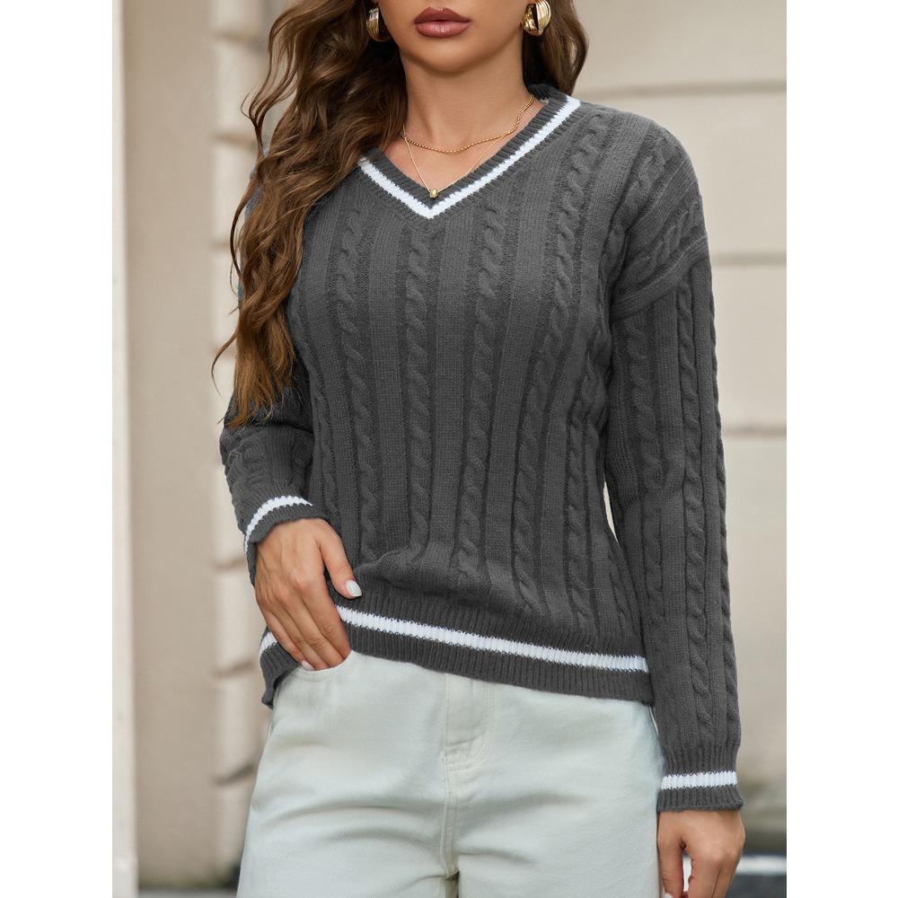 Elegant V-neck Pull-over with White Trim, Long-sleeved Women’s Jumper – Cable-knit, Versatile Top