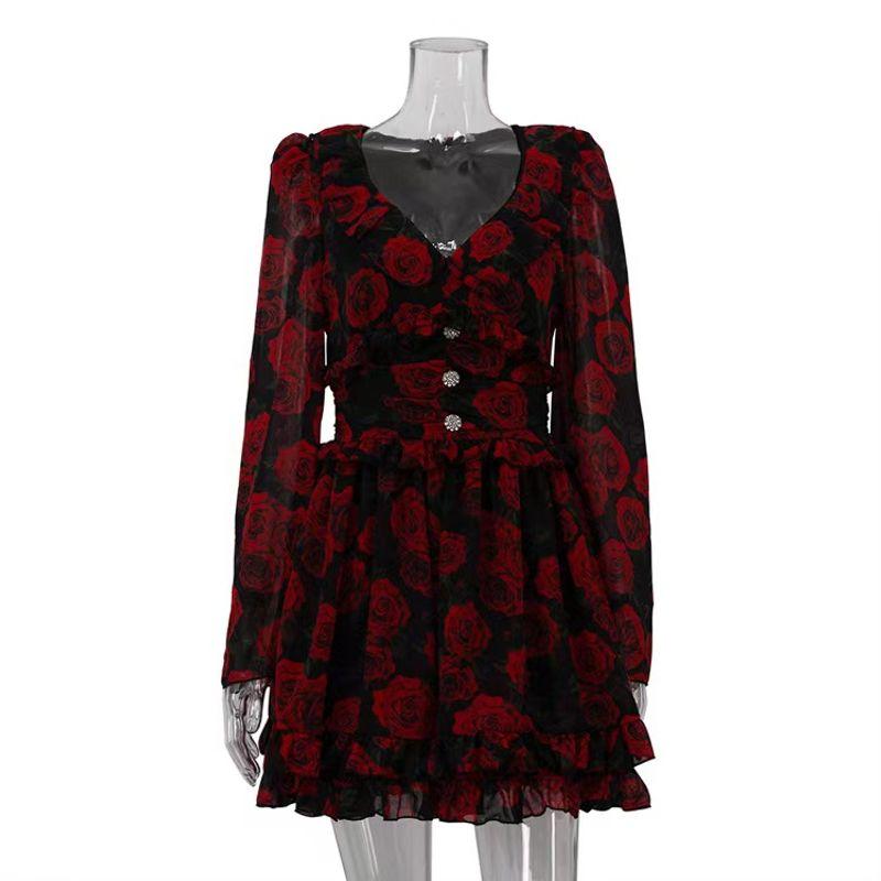 

Fashion Style New Arrival Fashion Printed Sexy V-neck Long-Sleeve Dress A- line Dress Printed V-neck Dress Red L