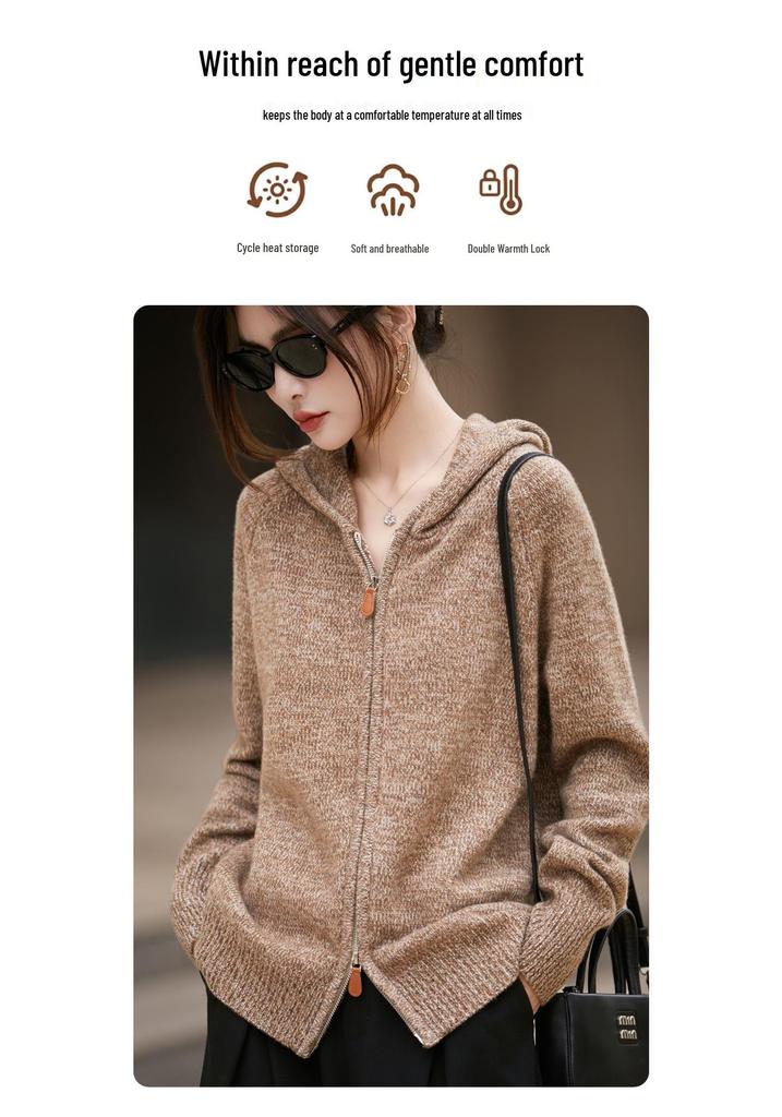 Autumn/Winter Women's 100% Pure Wool Hooded Cardigan Coat with Double Zipper and Long Sleeves.