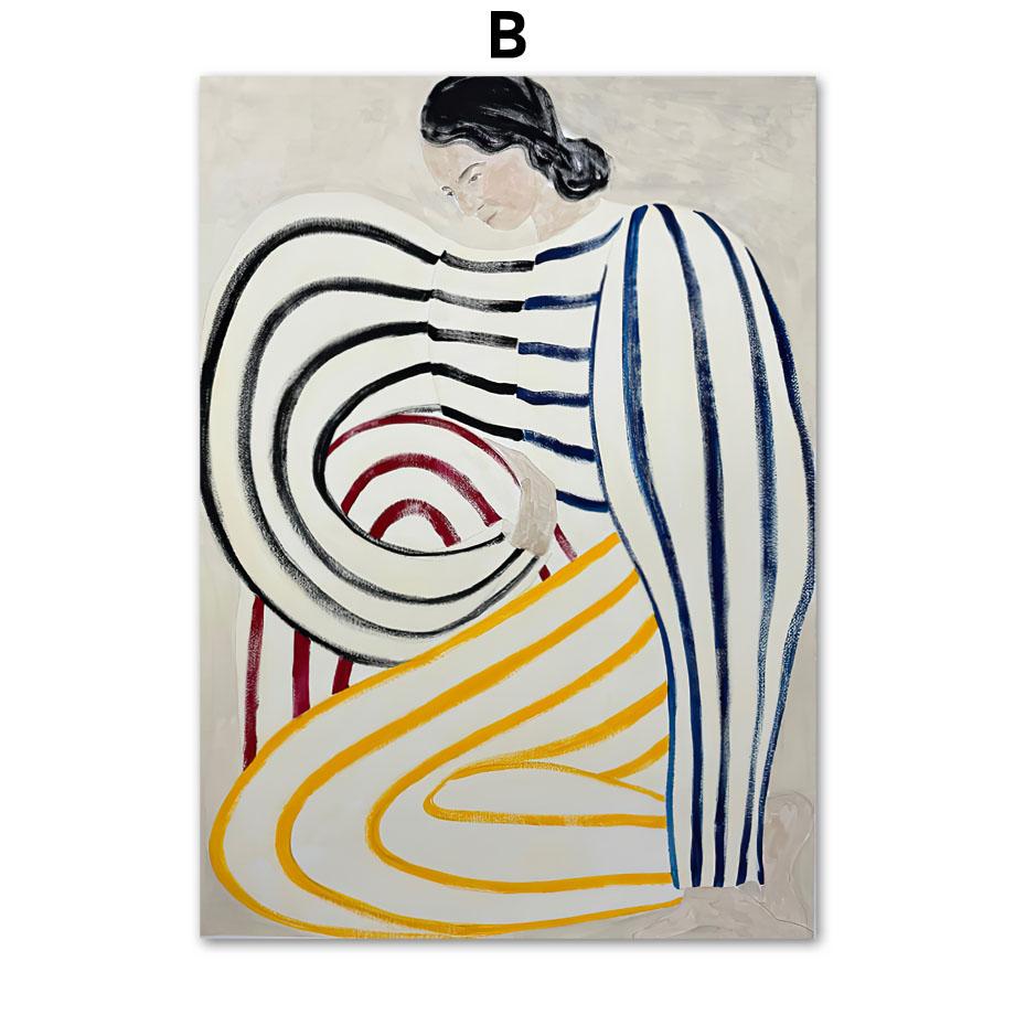 Abstract Striped Girl Bauhaus Geometric Wall Art Posters Prints Picture Vintage Line Canvas Paintings For Modern Room Home Decor