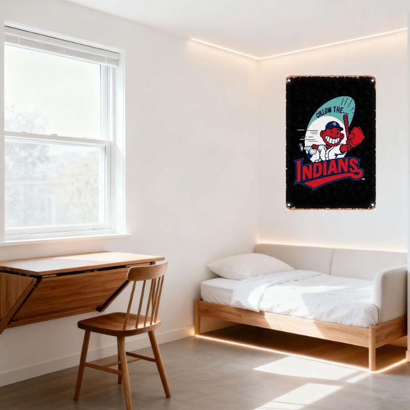 Vintage Style Metal Tin Sign with Native American Baseball Character - Follow the Indians, Weathered Rustic Wall Decor for Man C