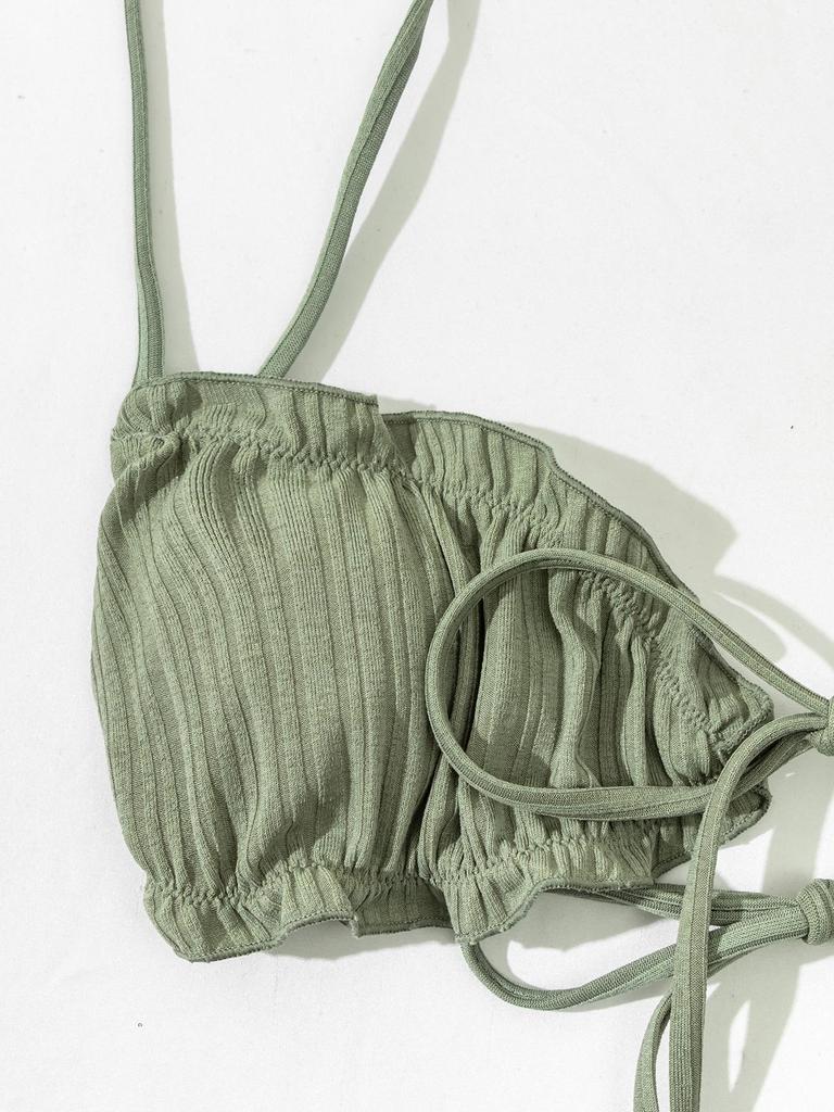 Neuer Damen einfarbiger Neckholder-Bikini 3-teiliges Set - High-Waist Mesh Split Badeanzug