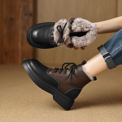 Fashion NEW Winter Women Boots Split Leather Shoes Women Round Toe Chunky Heel Shoes Wool Blend Warm Snow Boots Platform Lace-up Boots