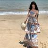 Bohemian Hollow Out Spaghetti-Strap Tiered Maxi Dress for Women Summer Sleeveless Backless Tie Up Slim Printed Beach Dress