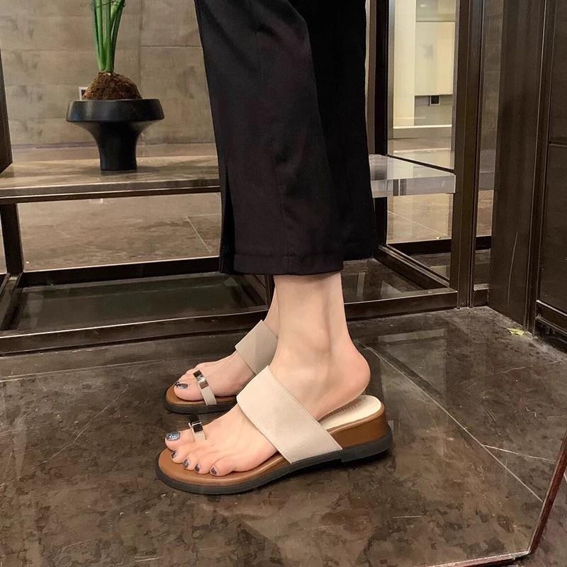 New Retro Thick Bottom Heightening Word with Outer Wear Beautiful Temperament Toe Cool Slippers Summer