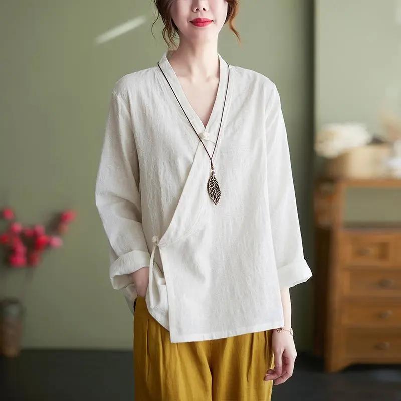 Womens Linen Blend Wrap V Neck Long Sleeve Blouse M белый