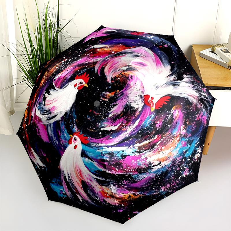 Rooster pattern, automatic folding umbrella, portable and foldable design, 8 ribs, a Christmas or birthday gift.