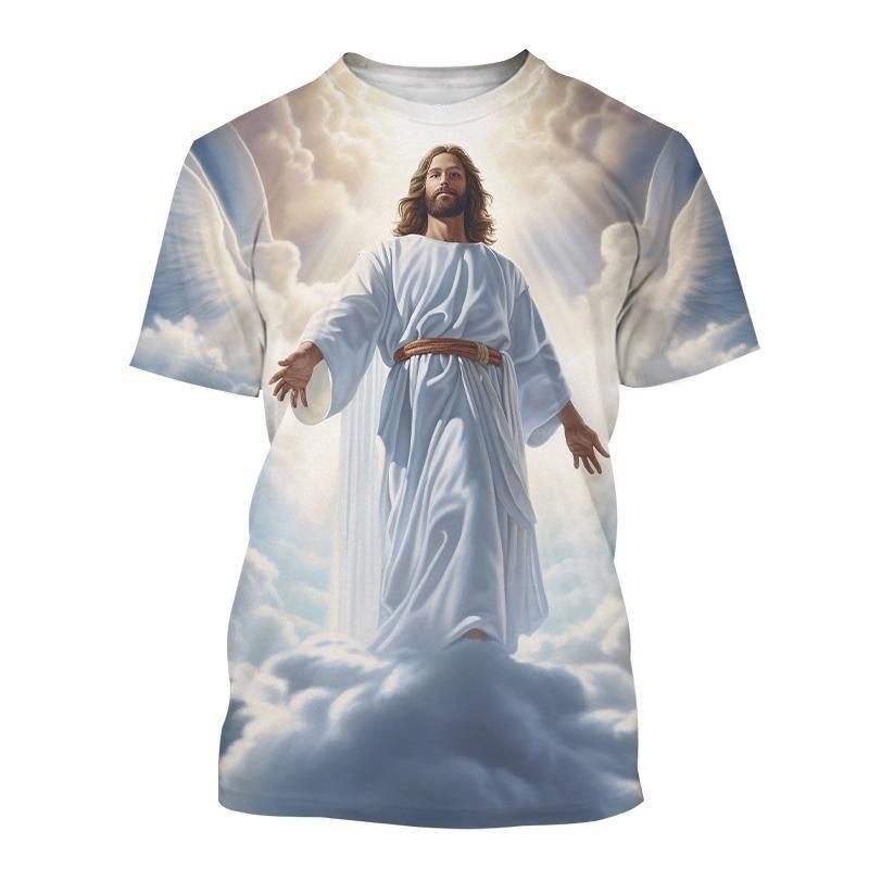 

Футболка з тривимірним принтом Ісуса. Чоловіча модна повсякденна футболка з короткими рукавами та круглим вирізом. Християнський Бог. Літні великі топи. Футболки. L