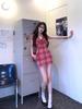 Red plaid short-sleeved dress, female summer spice girl hip-wrapped short skirt, low-cut v-neck skirt