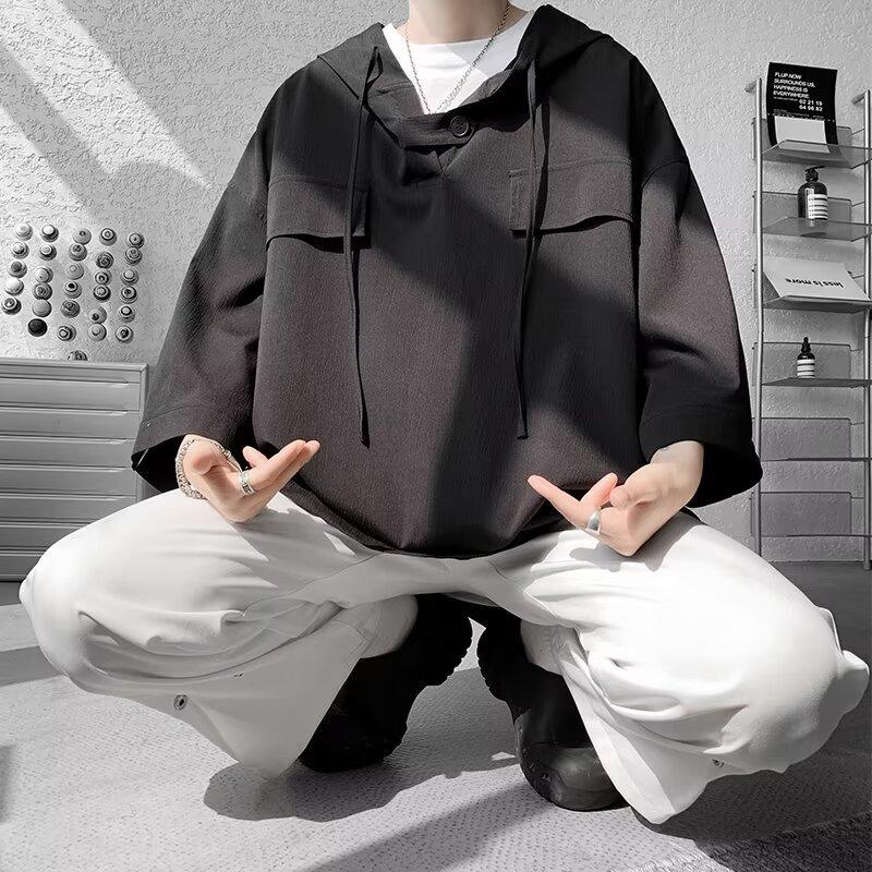 Sommer Kapuzen T-Shirt Herren Koreanisch Halbarm Pullover Streetwear Lockeres T-Shirt Oberteile Kordelzug Herrenbekleidung