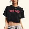 Red Letter Boston Print Washed T-Shirt Women Crewneck Retro T Shirts Fashion Crop Tees Tops Short Sleeve