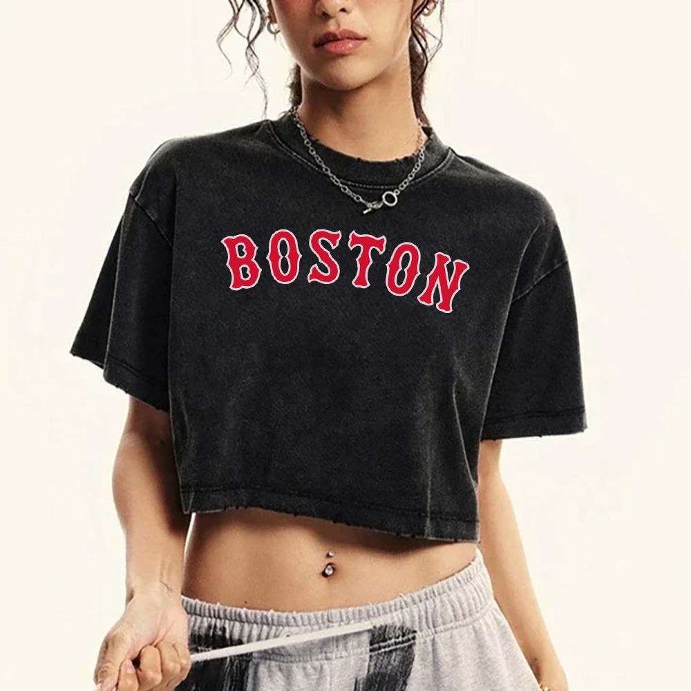 Red Letter Boston Print Washed T-Shirt Women Crewneck Retro T Shirts Fashion Crop Tees Tops Short Sleeve
