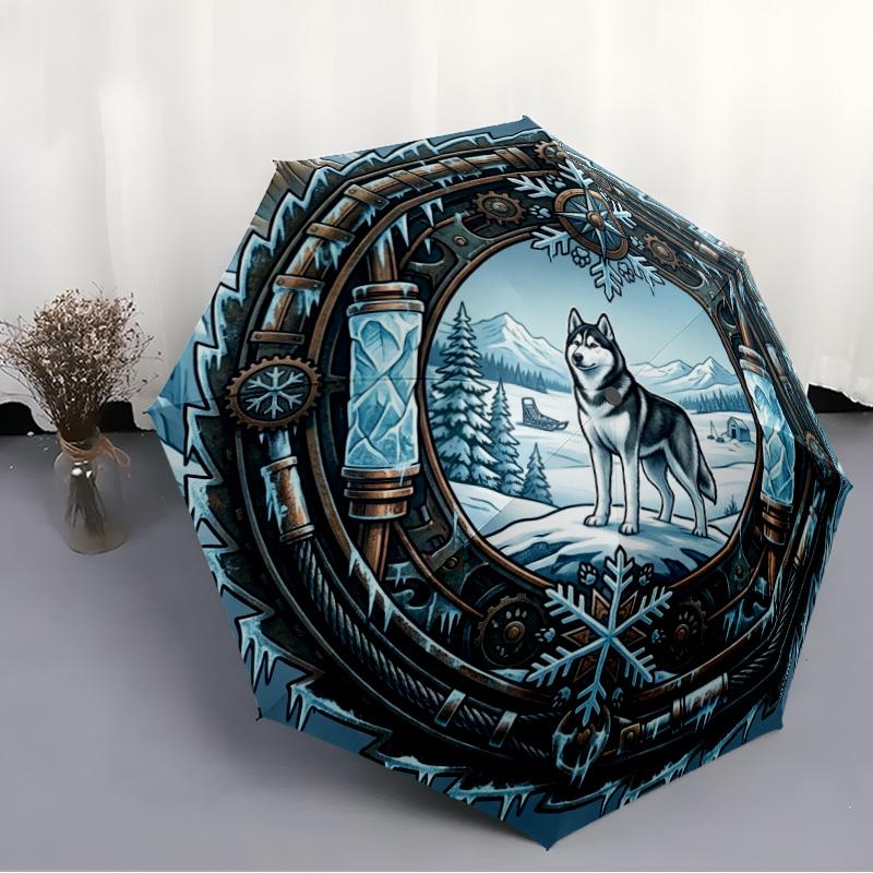Winter Wolf Portal pattern umbrella, portable and foldable design, 8 ribs, a casual accessory for Halloween, Christmas, and birthday gifts.