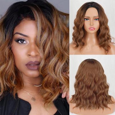 Short Blonde Wavy Bob Wig 14 Inch for Women Black Ombre Synthetic Heat Resistant Fiber Wig for Daily Wear