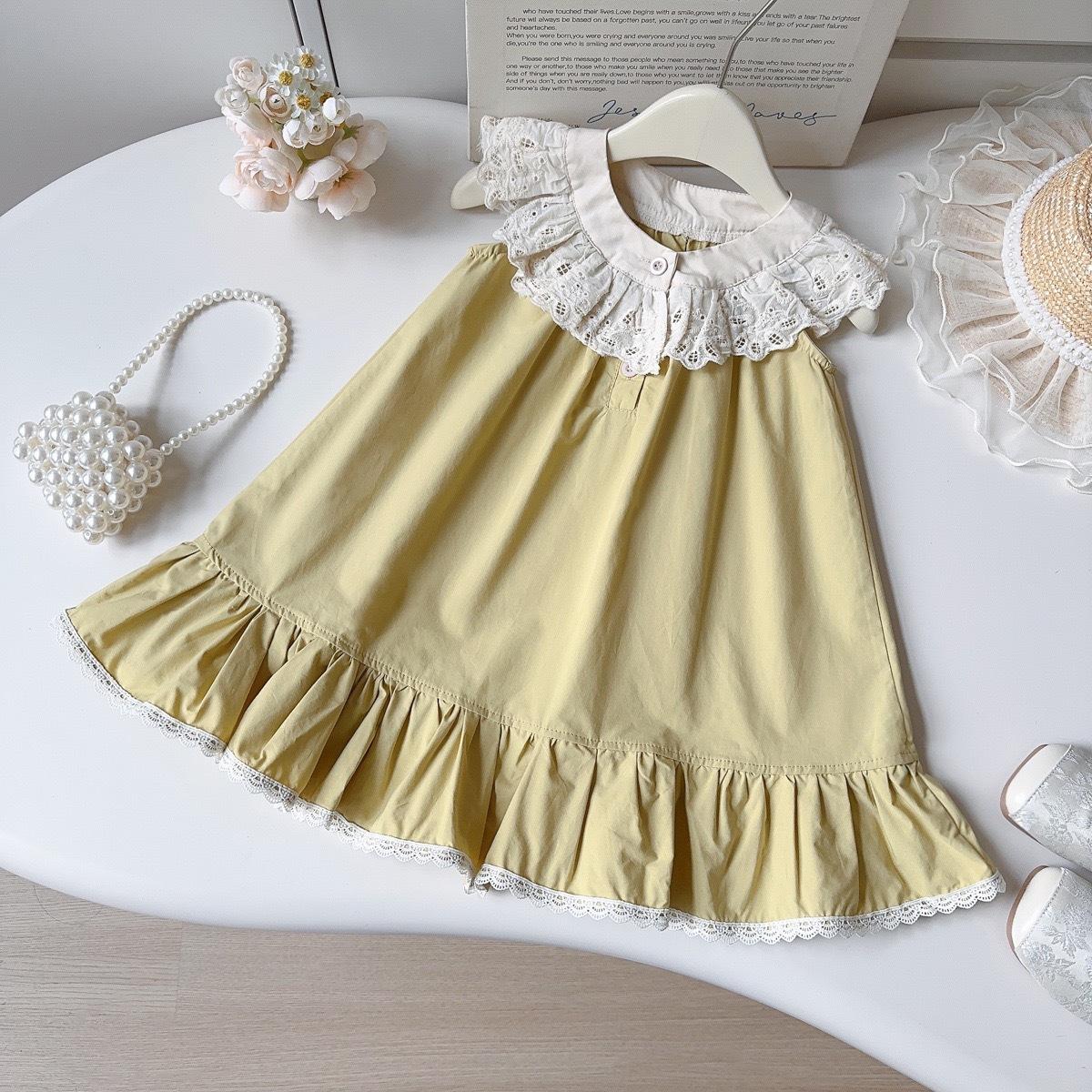 Summer Girls Sleeveless Dress With Lace Collar Casual Vest Sundress For Little Kids 90cm