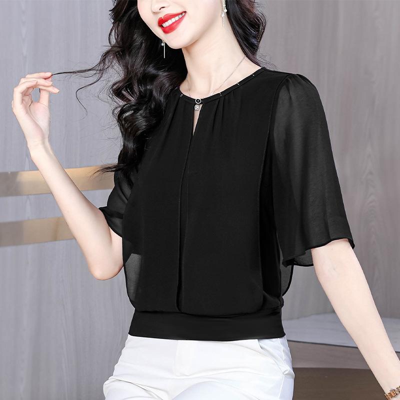 

Light Luxury Belly-covering Chiffon Shirt Blouse Women s Summer High-end Loose and Thin Age-reducing Small Shirt M чёрный
