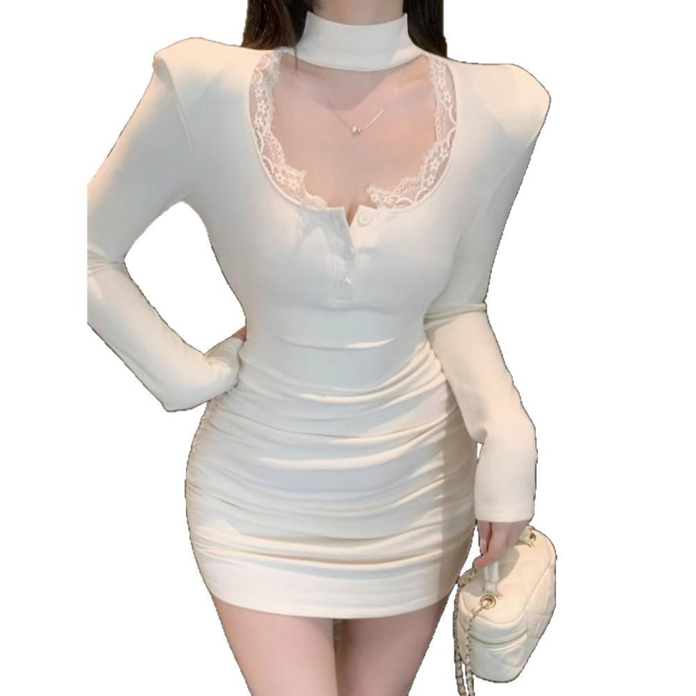 Neck Lace Dress Women's Spring Pure Desire Sexy Hip Skirt Semi-turtleneck Shoulder Pads Velvet Bottoming Skirt