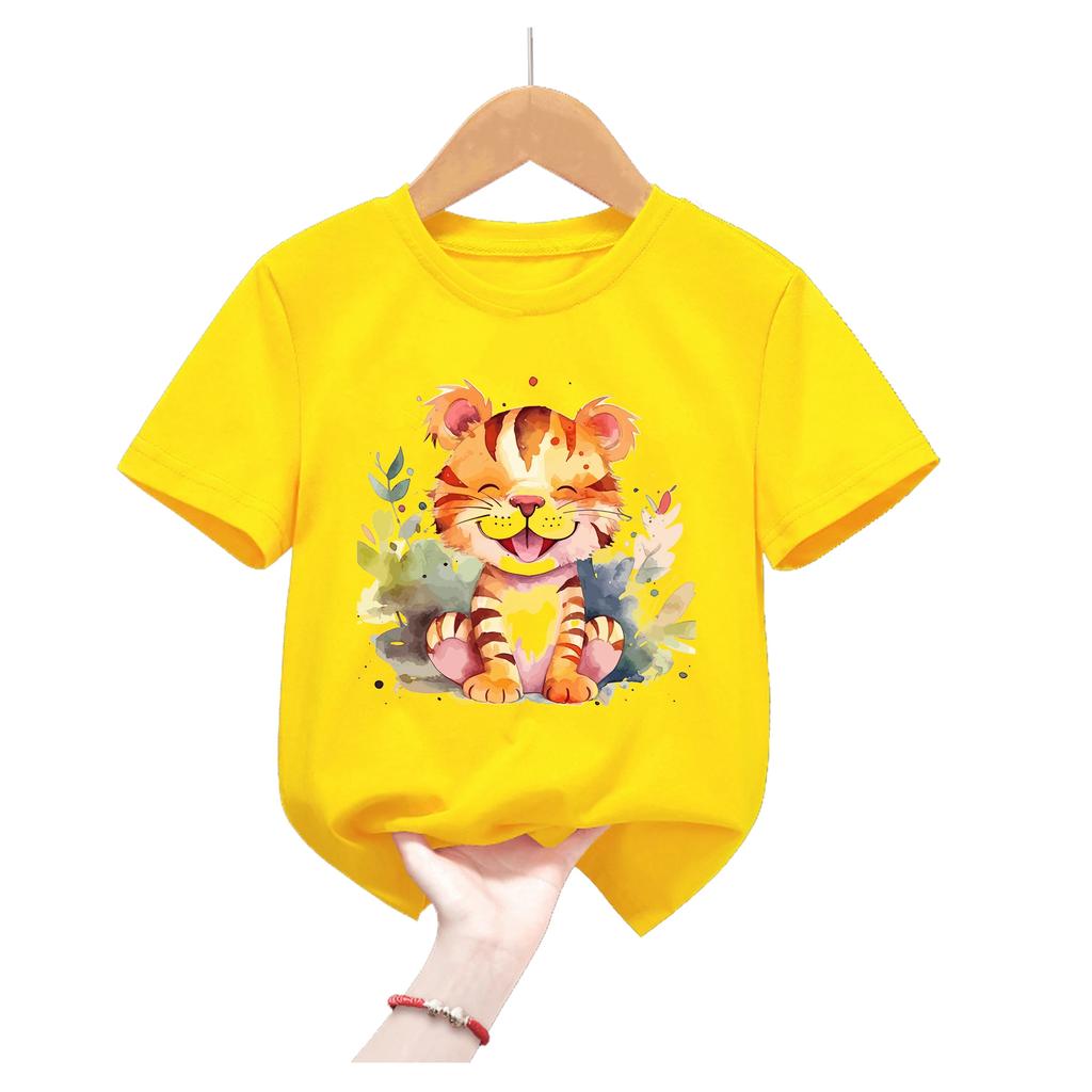 Kids Yellow Short Sleeve T Shirt Watercolor Floral Baby Tiger Cub Print Crew Neck  Casual Summer Boys Girls Top