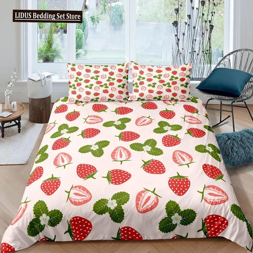 Strawberry Duvet Cover Set Girl King Size Comforter Cover Set Red Strawberry Bedding Set Food Fruit Quilt Cover For Kids Gift