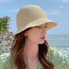Women Summer Solid Color Woven Straw Bucket Sun Hat Foldable Wide Brim Hollow Breathable Sunscreen Beach Hat