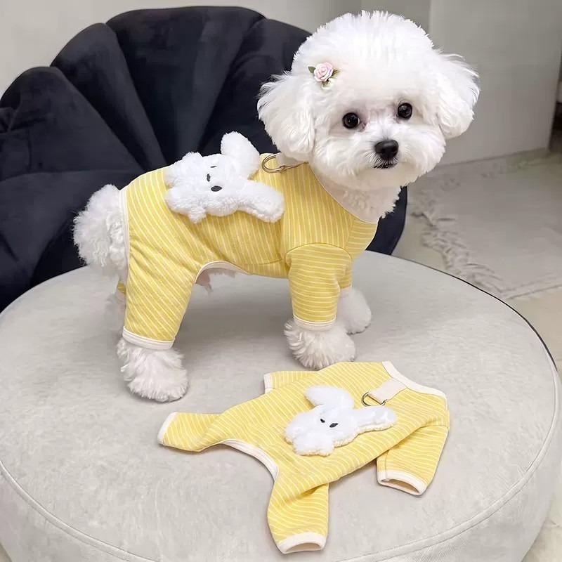 Pet Dog Clothes Autumn and Winter Warm Striped Four-legged Clothes Small Dog Teddy Than Bear Cat Loungewear Belly Protector