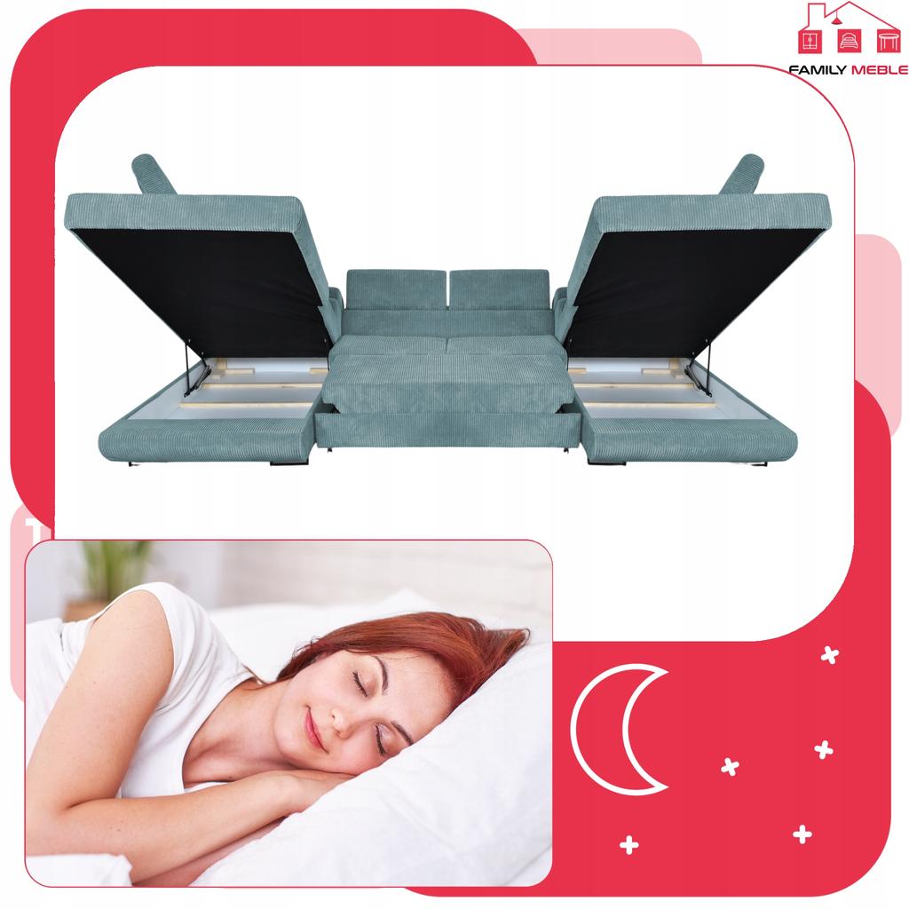 U-shaped Corner Sofa Bed, Extendable F. Savio Family Sleep Furniture J Green Corduroy