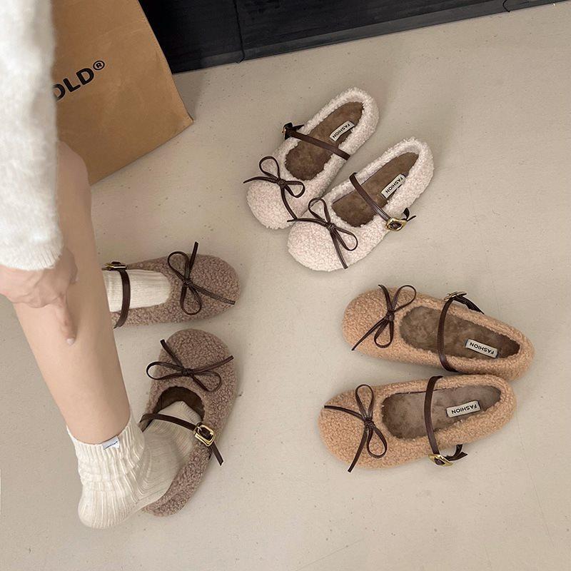 Fleece Round Head Gentle Wind Bow Flat Cotton Shoes Fluffy Shoes Women's Autumn and Winter 2025 French Warm New Sweet