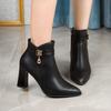 Fashion Rhinestone Metal Buckle Block Heel Single Boots Women's Fall New Pointed Toe Side Zip Non-Slip Shorthole Boots