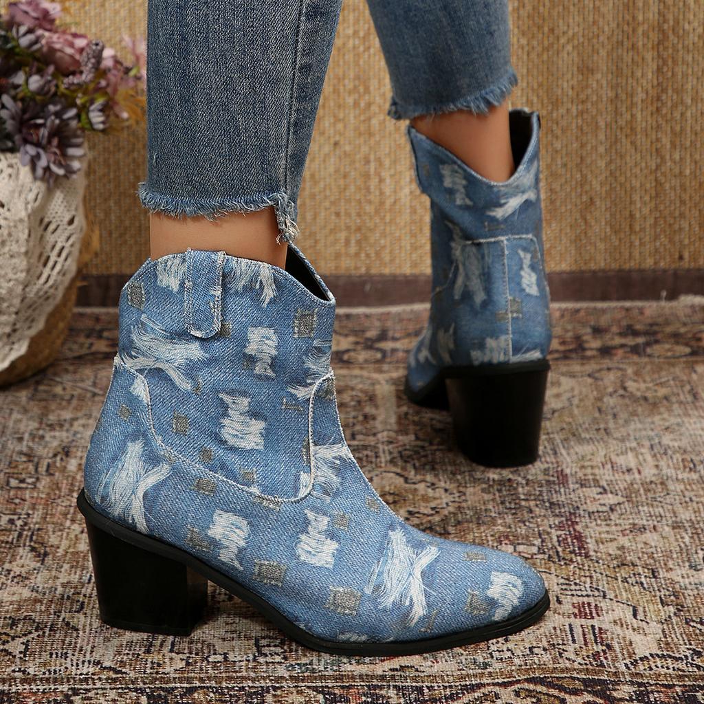 Fashion New Fashionable and Trendy Denim High-heeled Short-top Thin Retro Style Pointed Cowboy Boots