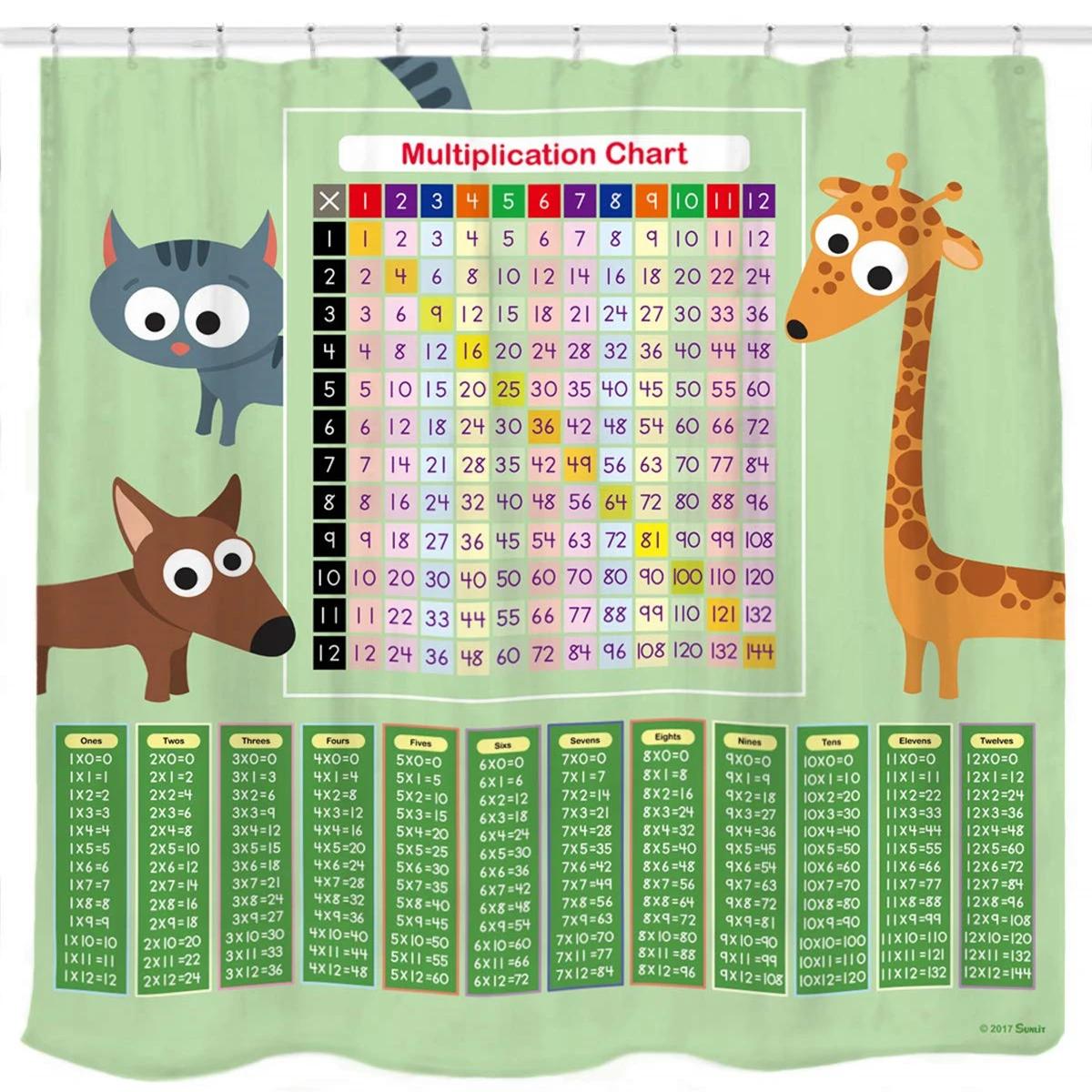 Monika Chen Multiplication Chart Shower Curtain Set, Waterproof Fabric Math Tool With Cat Dog Giraffe Science Bathroom Curtains Bath Screens