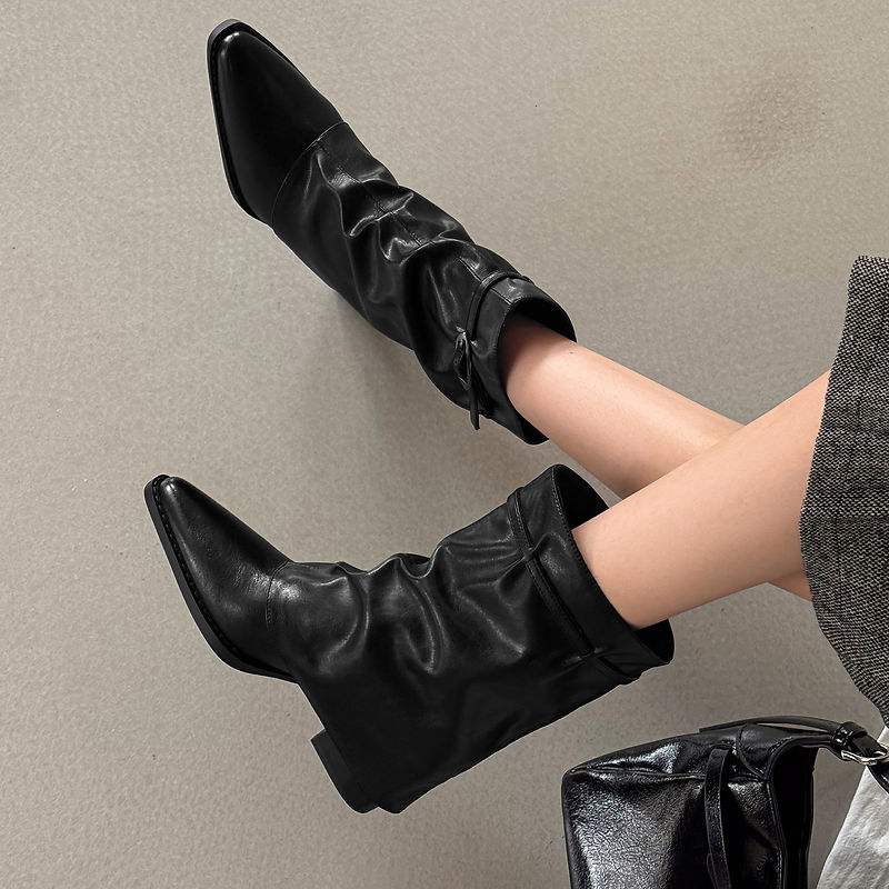 Krazing Pot Cow Skin Winter Square Toe Size 42 Square Heels Metal Buckle Women Zipper Chelsea Boots Women Pleated Decoration Ankle Boots