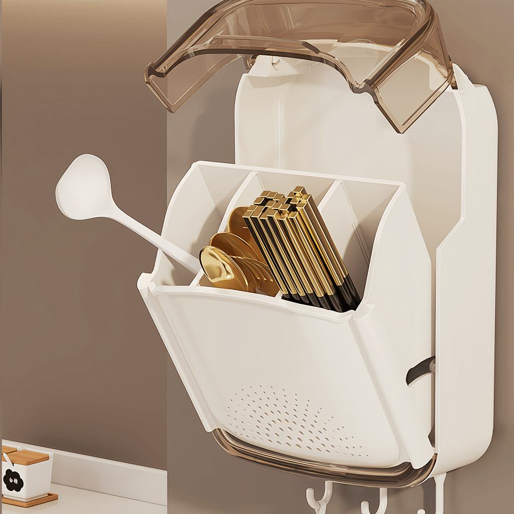 A Wall-Mounted Kitchen Chopstick Holder - a No-Drill Cutlery Storage Box with a Draining Tray, Multifunctional Kitchen Shelf with Hooks, Removable