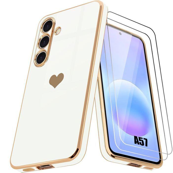 Case for Samsung Galaxy A57 5G, Silicone Heart Pattern Ultra Slim Flexible White - 2 Tempered Glasses