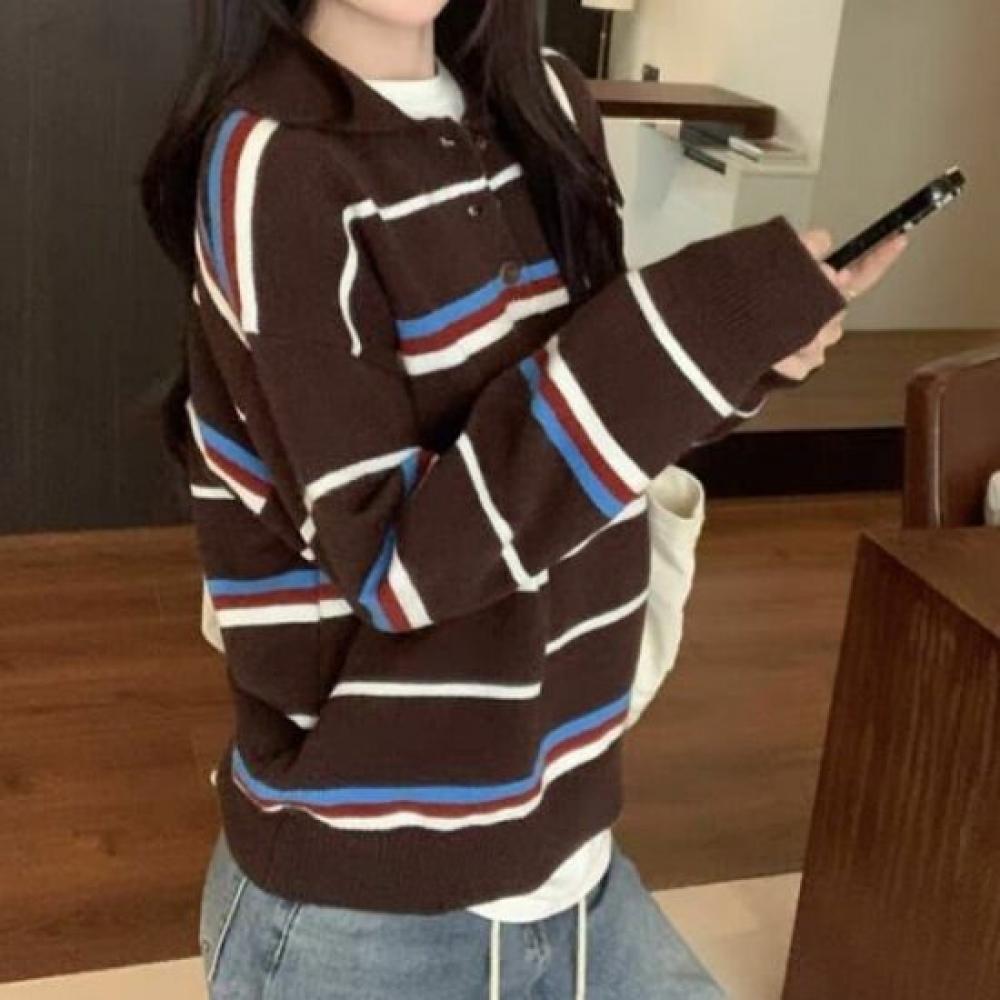 Navava Long Sleeve Striped Color Block Button Collar Knit Top Nk3328