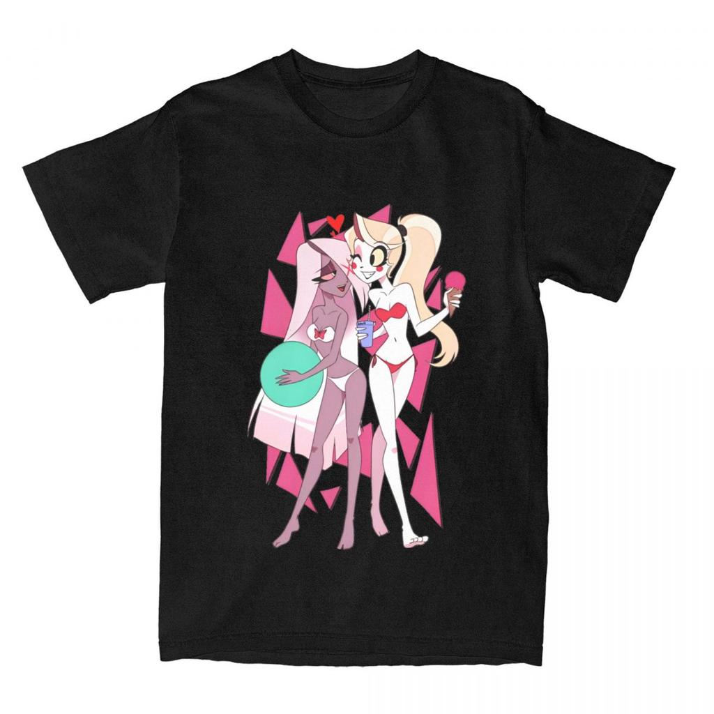 Streetwear T Shirt Charlie And Vaggie Bikini Cotton T Shirts Hazbins Hotels Hipster Tee Shirt for Men's Beach Short Sleeve Tees