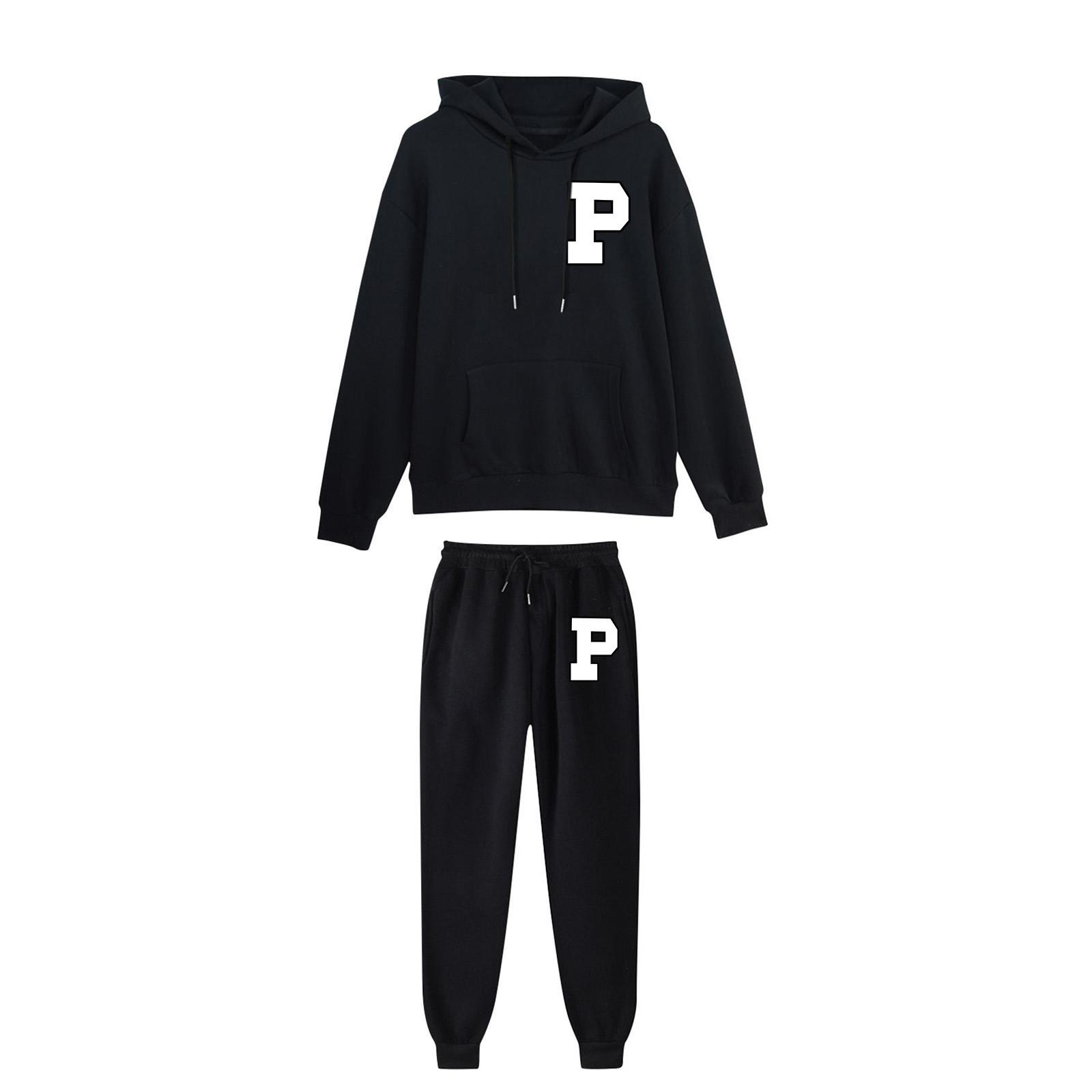 

Унисекс плюшевые брюки с длинными рукавами, свободный пуловер с принтом и веревочной толстовкой из двух частей L чёрный