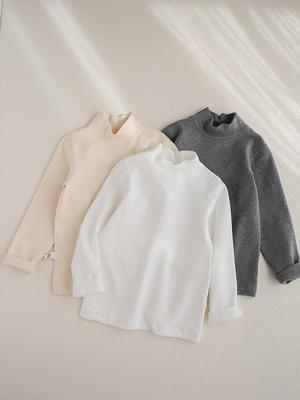 2025 Kids 320g Mid-High Collar Base Layer Shirt for Boys & Girls - Stretchy, Thickened, Plain Color T-shirt.