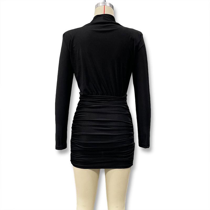 European Style Autumn/Winter 2025 Semi-High Neck Solid Color Long Sleeve Pleated Bodycon Dress