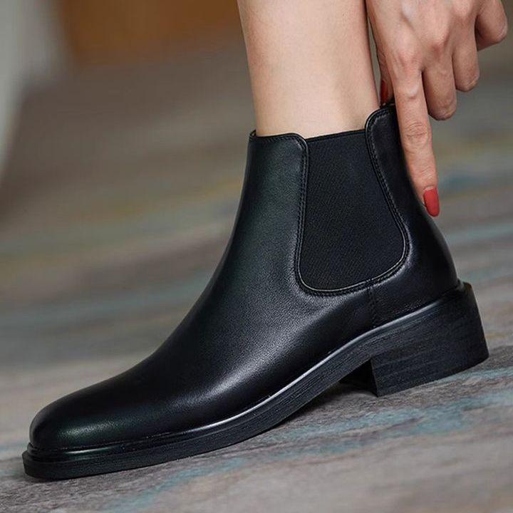 2025 Autumn and Winter New Minimalist One-pedal Chelsea Boots Medium Heel Black Martin Boots Women's Ankle Boots Thick Heel Short Boots